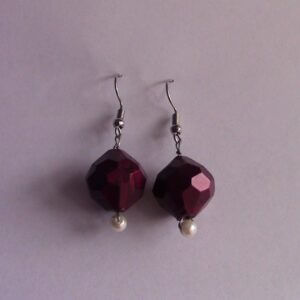 Maroon and Faux Pearl Dangle Earrings