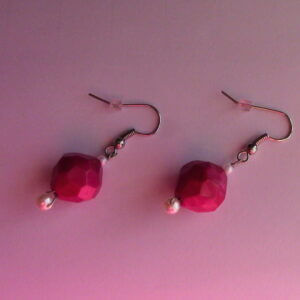 Handmade Rose-Pink and Faux Pearl Dangle Earrings