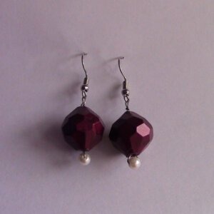 Maroon and Faux Pearl Dangle Earrings